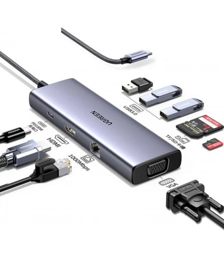 UGREEN USB-C To 3*USB 3.0 A+HDMI+VGA+RJ45 Gigabit+SD/TF+PD Converter 15600