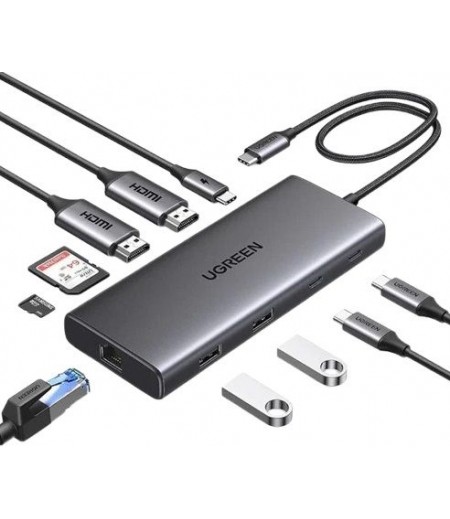 UGREEN USB-C to USB-A 3.2+USB-A 3.0+2*USB-C 3.2+2*HDMI+RJ45 Gigabit+SD&TF +PD port Converter (10in1) 45380