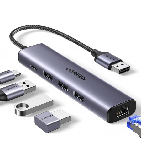 UGREEN USB3.0 to 3×USB3.0 +RJ45 (1000M) Ethernet Adapter Type-C Power Supply 60554