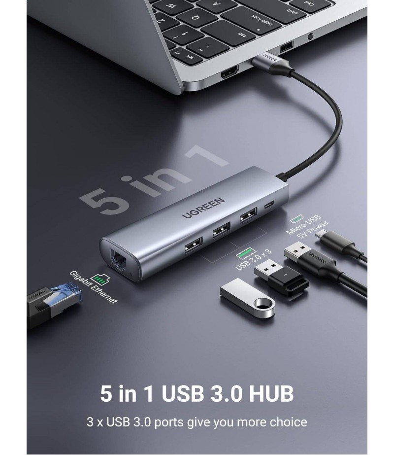 UGREEN USB 3.0 to Gigabit Ethernet + 3*USB 3.0 A Adapter (Gray) 60812